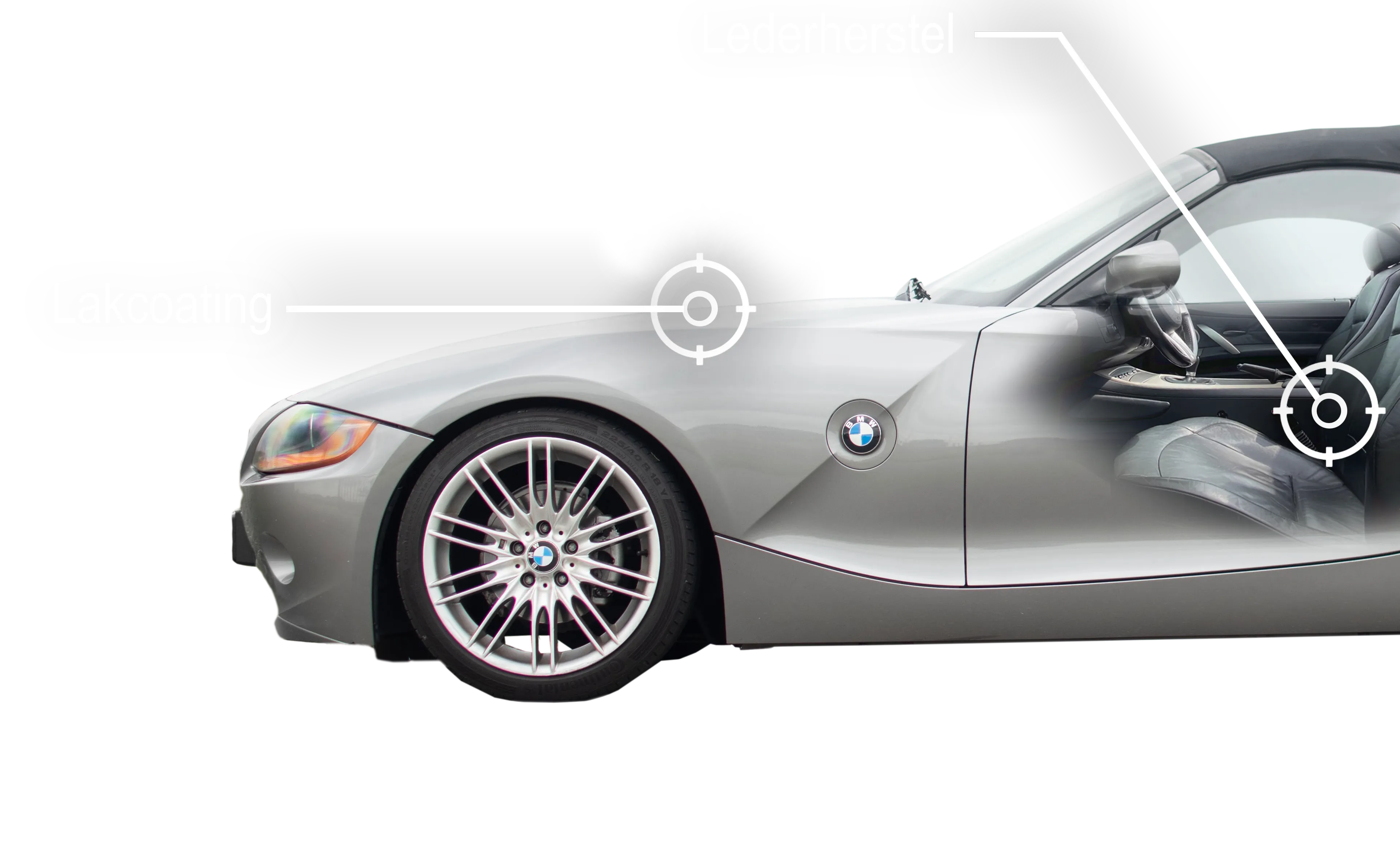 Auto: linker voorkant van een BMW Z4. Lakcoating en lederherstel aangeduid met tekst en lijnen naar het plaatwerk en het interieur.